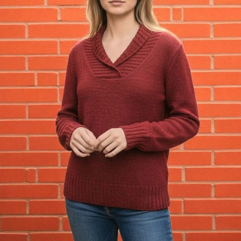St John's Bay Red V-Neck Collared Sweater Women's Size M Soft Versatile Casual